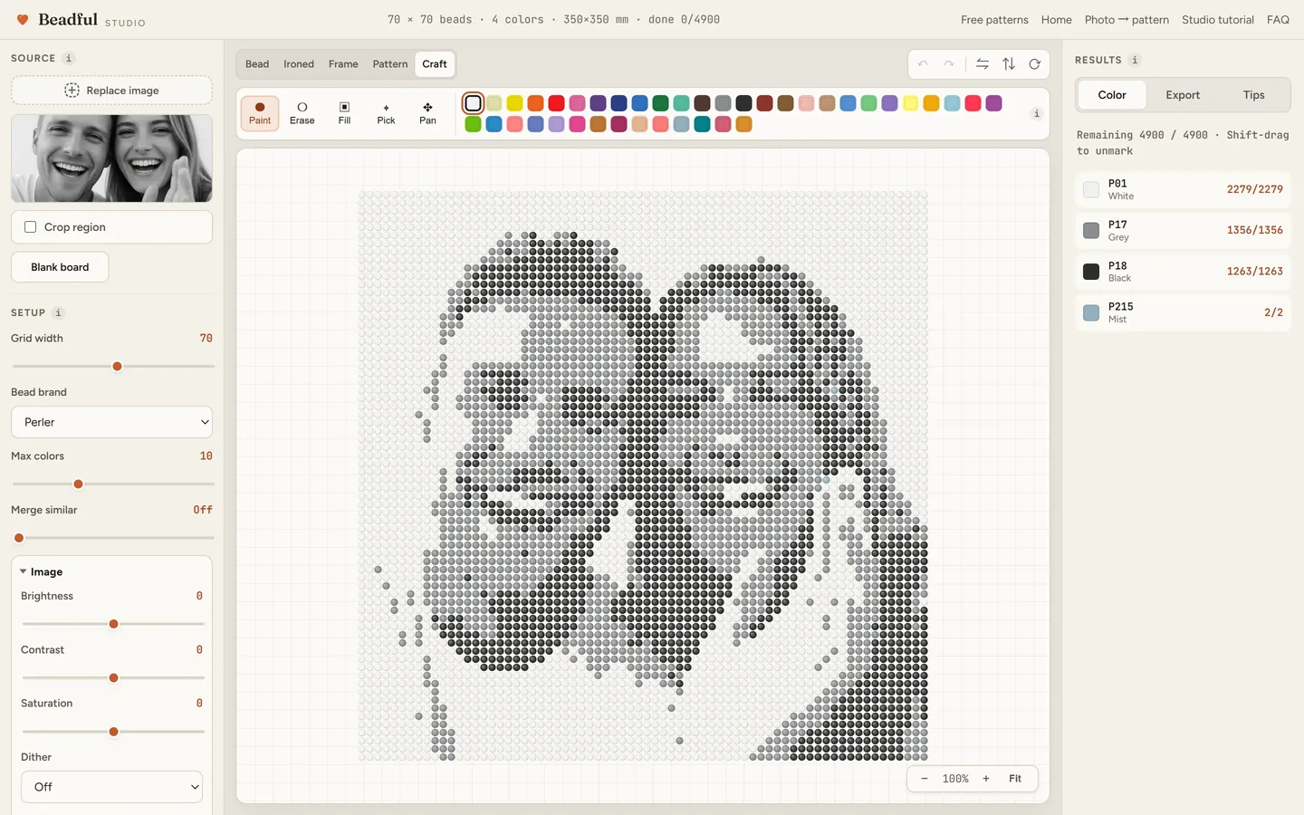 The Beadful Studio craft mode showing the selfie two pattern with check-off tracking as you place beads