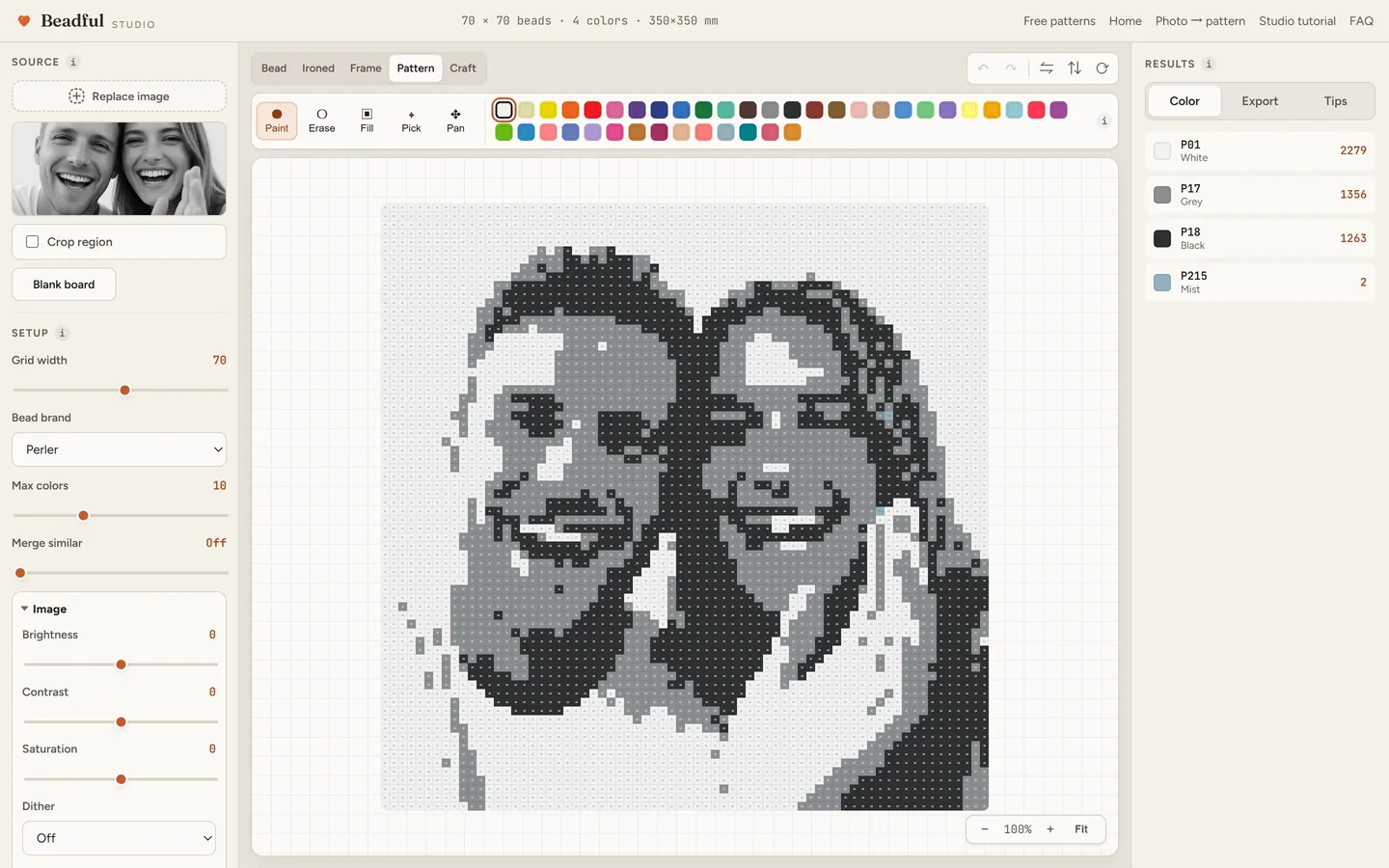 The Beadful Studio pattern chart view showing the selfie two chart with color codes in every cell