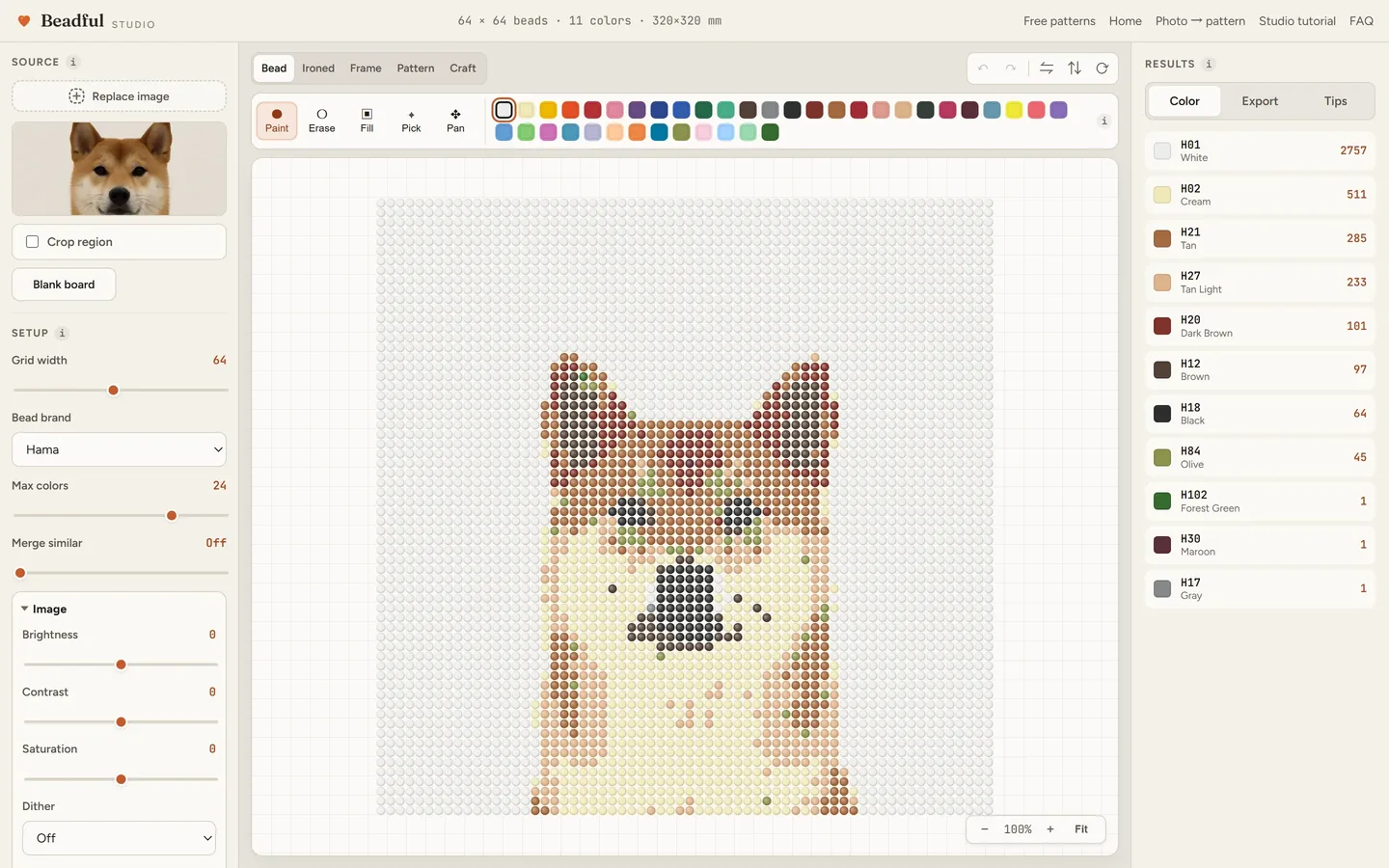 The Beadful Studio bead grid view showing the shiba face pattern at 64 by 64, with the source photo and color panel visible