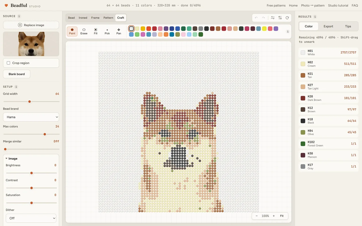 The Beadful Studio craft mode showing the shiba face pattern with check-off tracking as you place beads