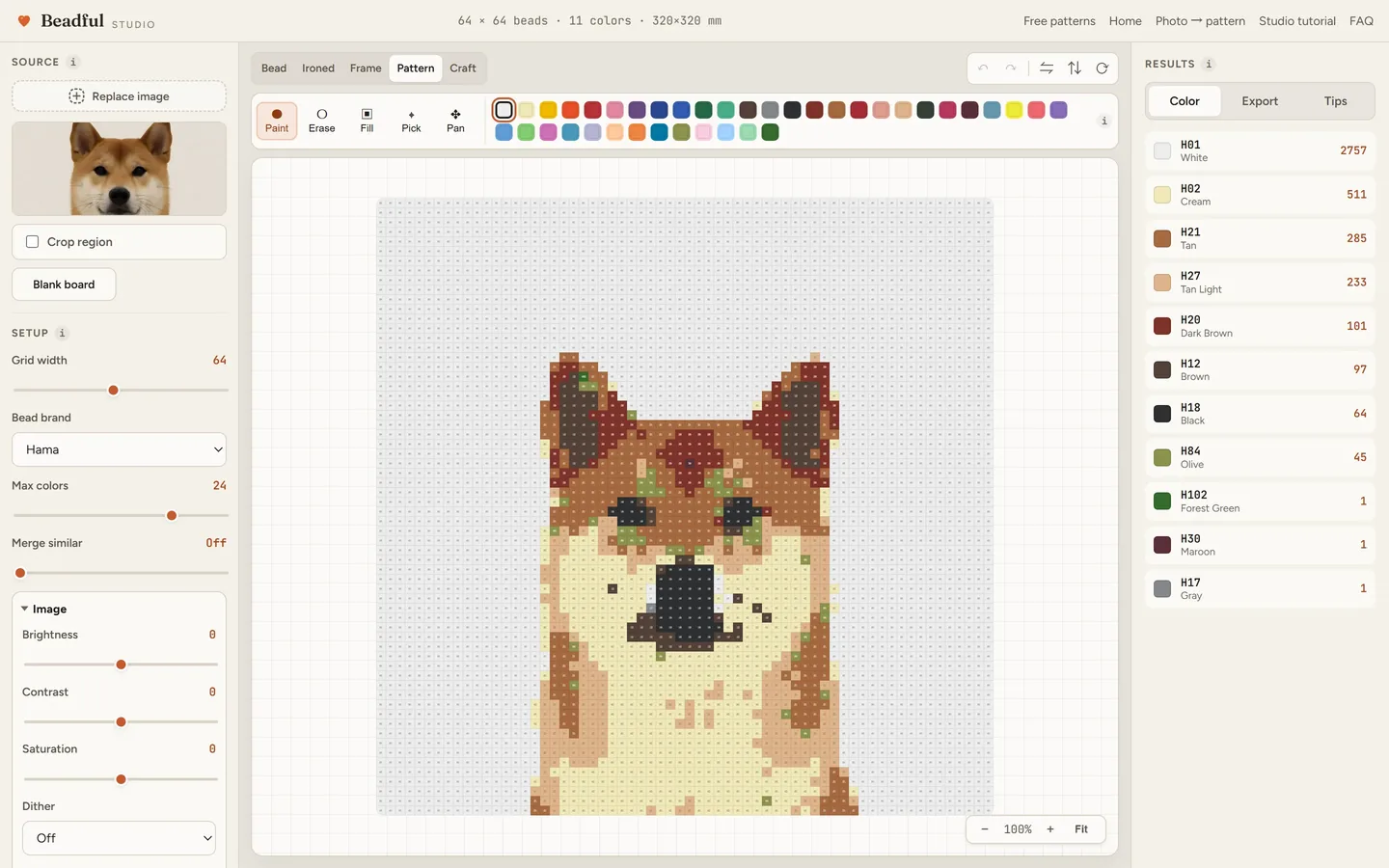 The Beadful Studio pattern chart view showing the shiba face chart with color codes in every cell