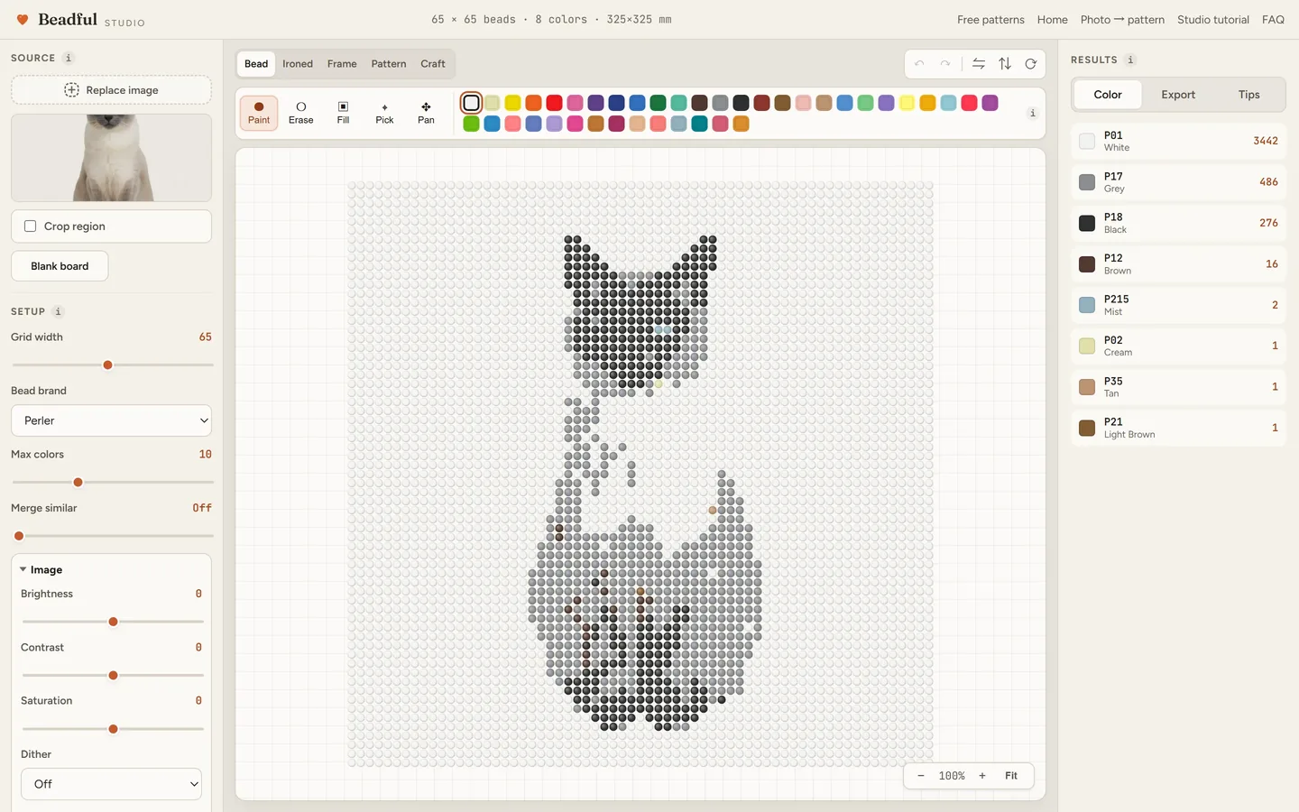 The Beadful Studio bead grid view showing the siamese cat pattern at 65 by 65, with the source photo and color panel visible