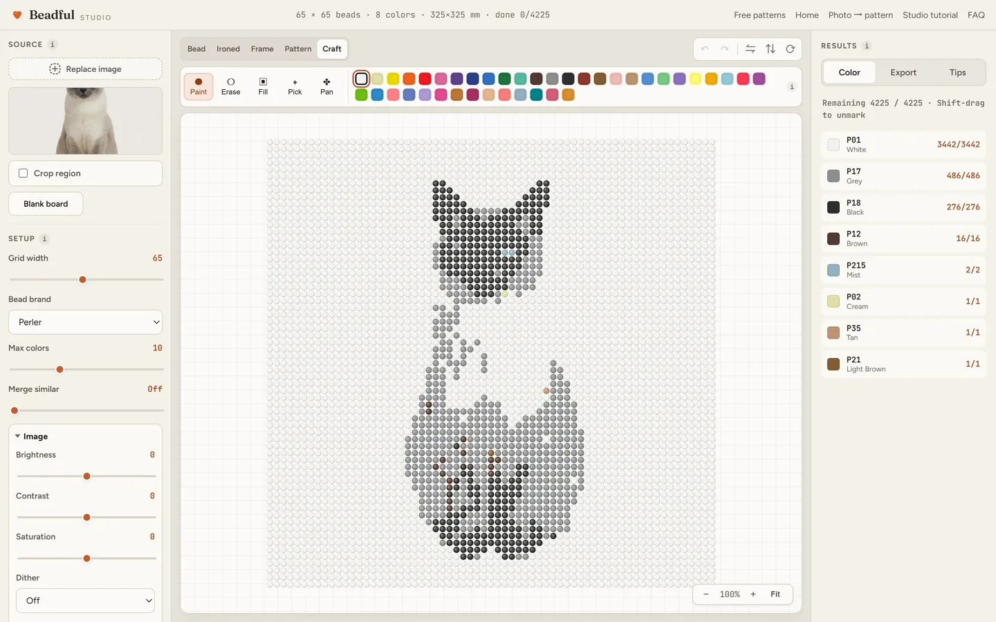 The Beadful Studio craft mode showing the siamese cat pattern with check-off tracking as you place beads