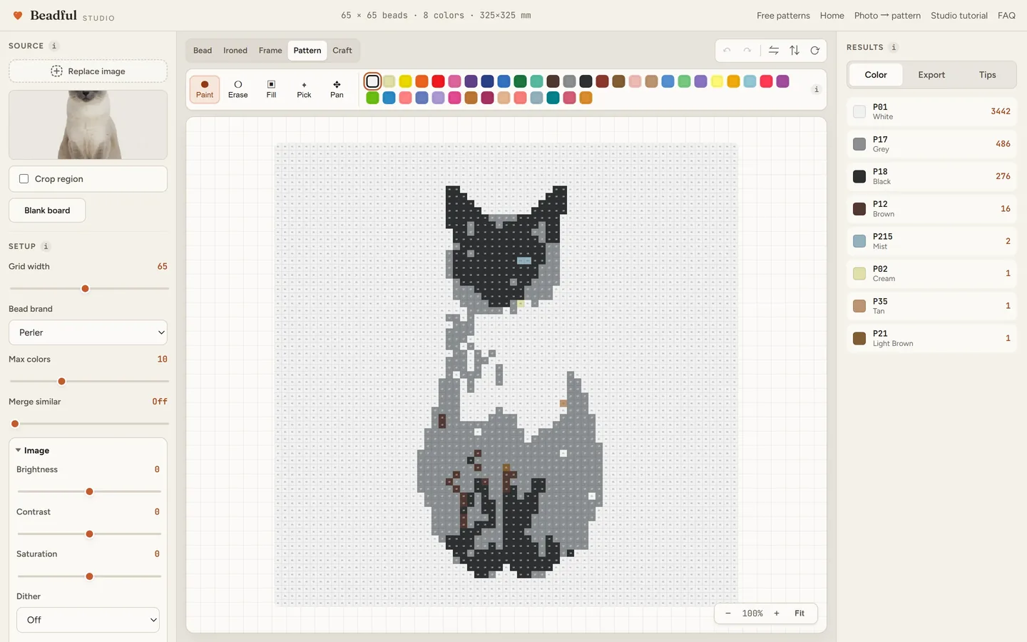 The Beadful Studio pattern chart view showing the siamese cat chart with color codes in every cell