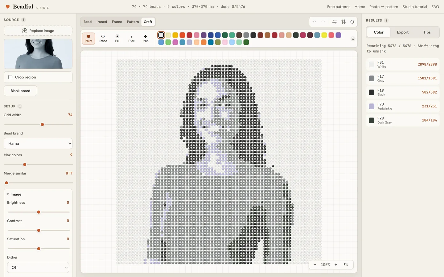 The Beadful Studio craft mode showing the single portrait pattern with check-off tracking as you place beads