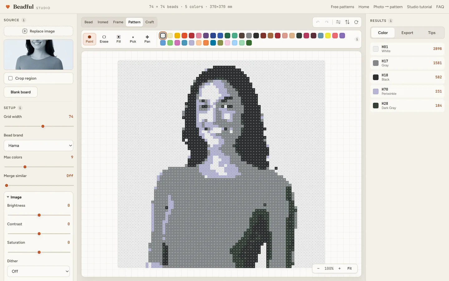 The Beadful Studio pattern chart view showing the single portrait chart with color codes in every cell