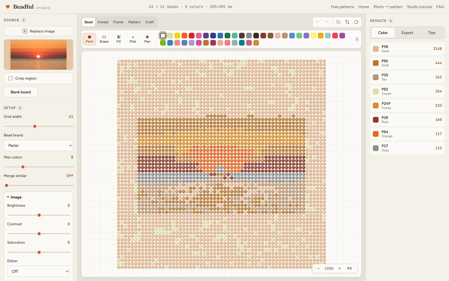 The Beadful Studio bead grid view showing the sunset bay pattern at 61 by 61, with the source photo and color panel visible