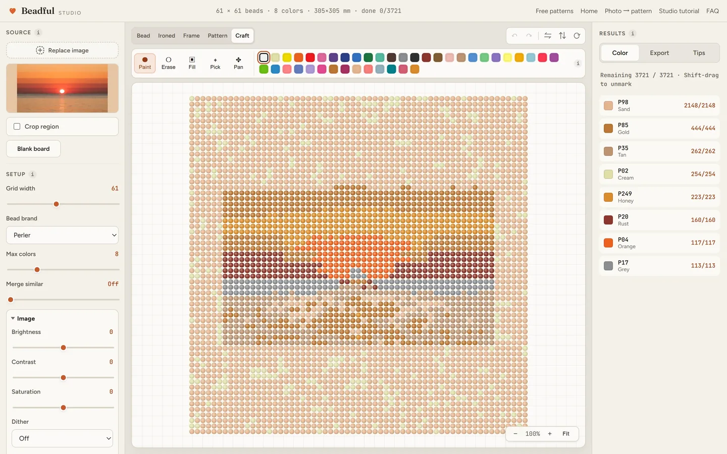 The Beadful Studio craft mode showing the sunset bay pattern with check-off tracking as you place beads