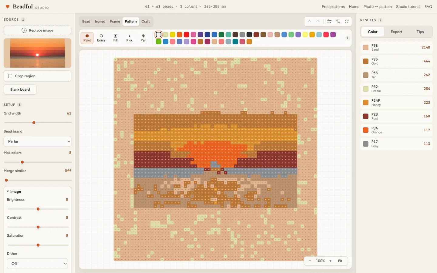 The Beadful Studio pattern chart view showing the sunset bay chart with color codes in every cell