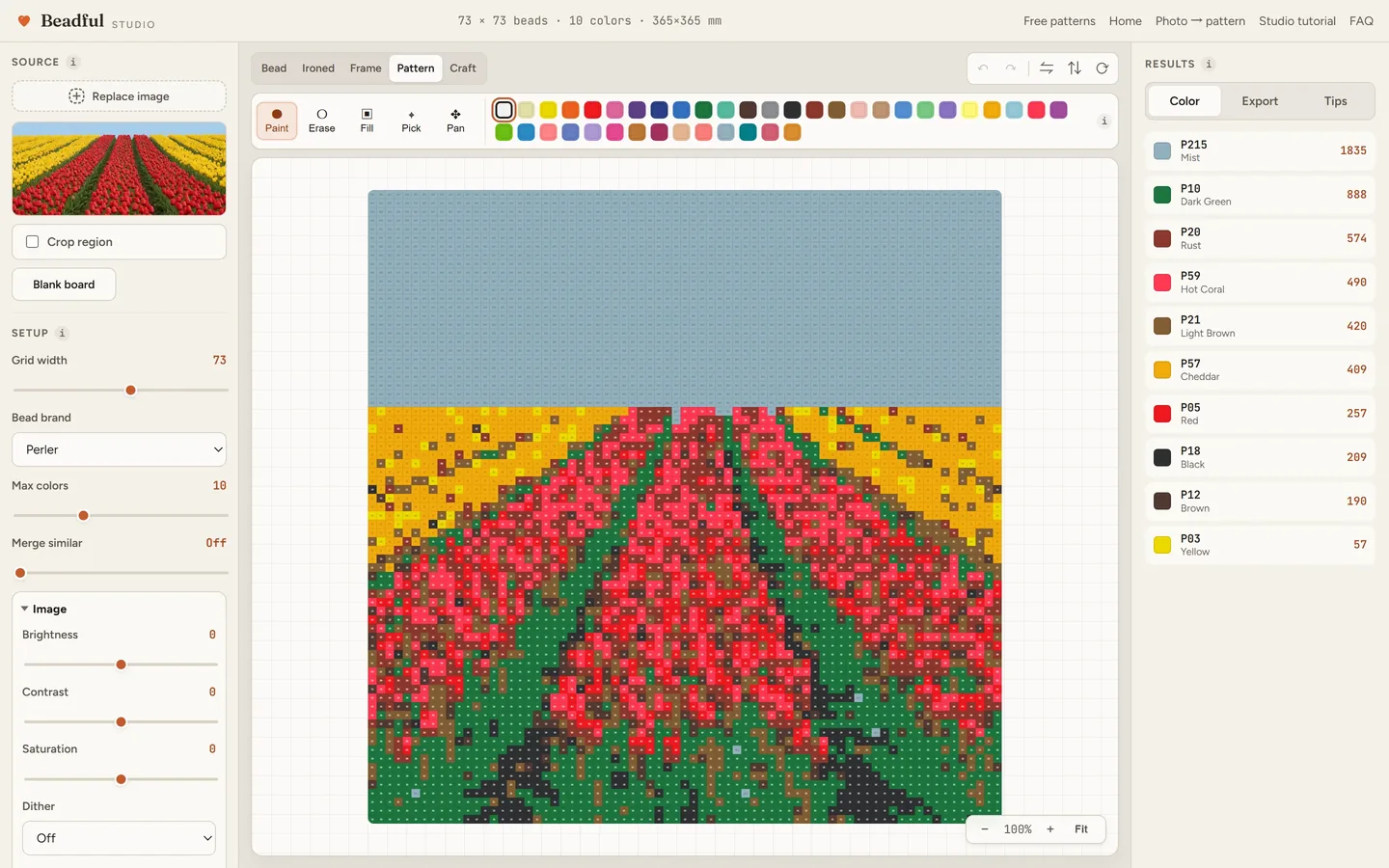 The Beadful Studio pattern chart view showing the tulip field chart with color codes in every cell