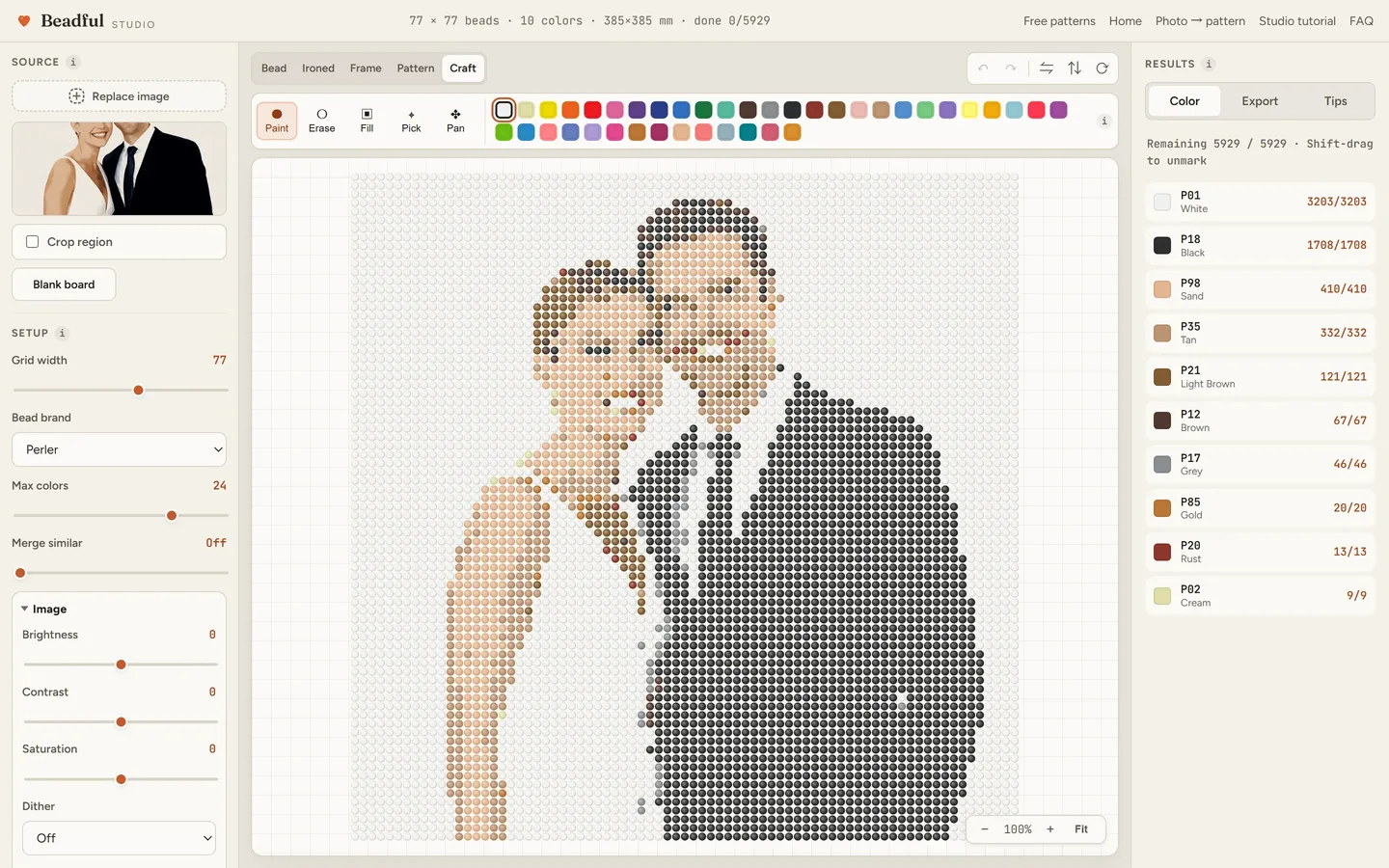 The Beadful Studio craft mode showing the wedding couple pattern with check-off tracking as you place beads