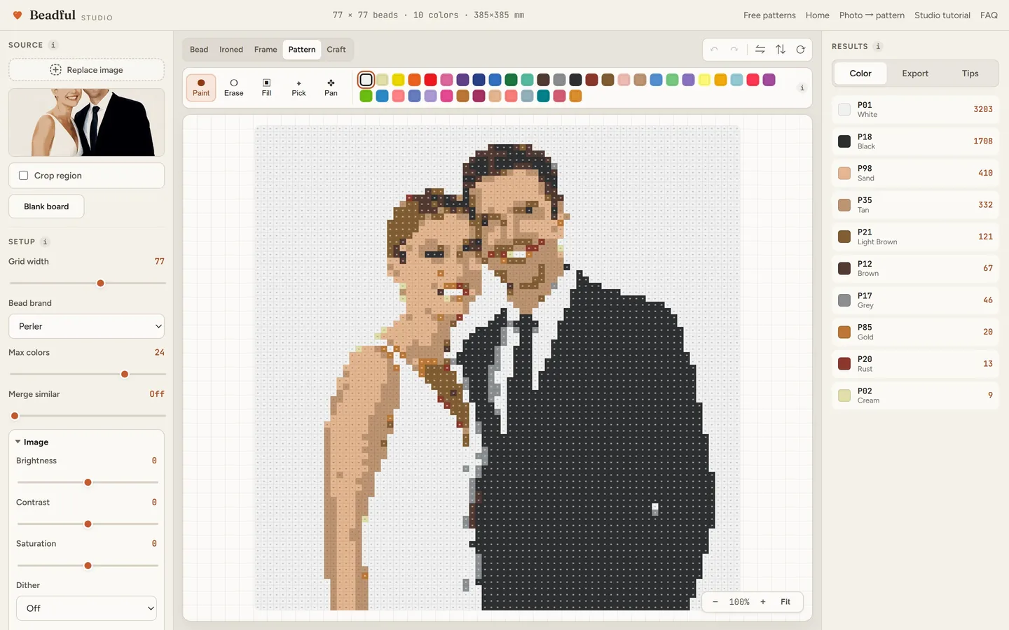 The Beadful Studio pattern chart view showing the wedding couple chart with color codes in every cell