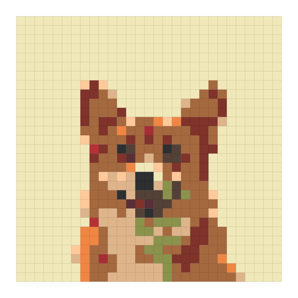 The corgi portrait in hama colors bead pattern rendered on the Hama color card at 29 by 29, showing the finished grid