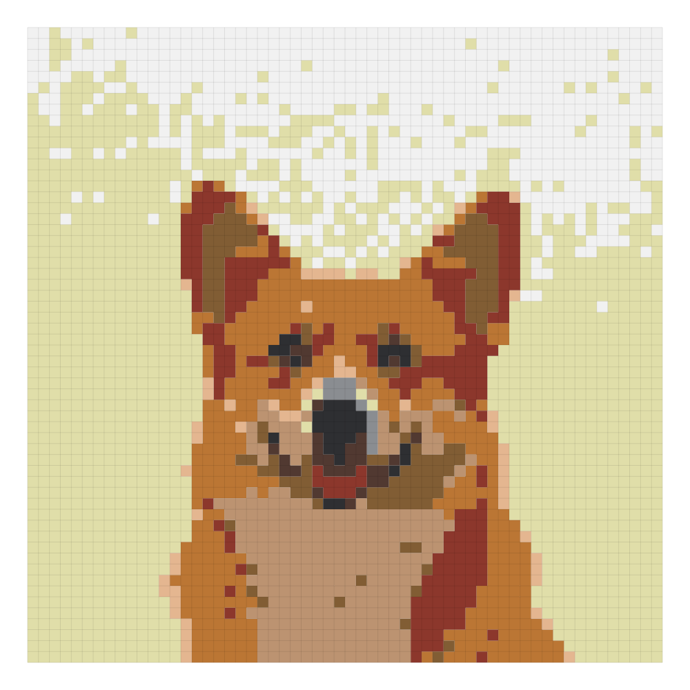 The corgi portrait, large grid bead pattern rendered on the Perler color card at 58 by 58, showing the finished grid