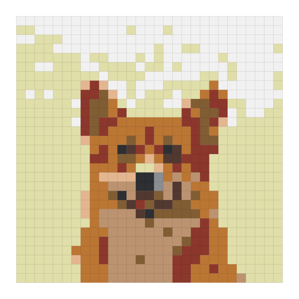 The corgi portrait bead pattern rendered on the Perler color card at 29 by 29, showing the finished grid