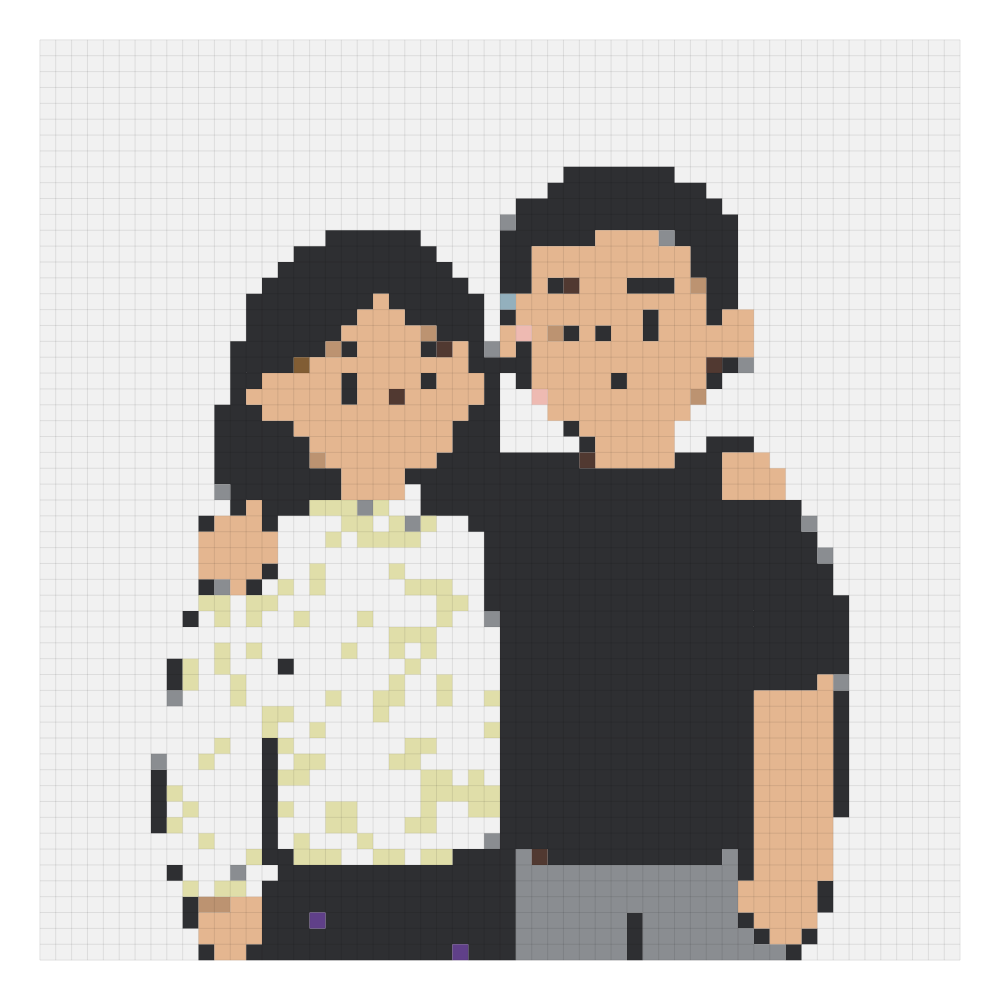 The couple portrait, large grid bead pattern rendered on the Perler color card at 58 by 58, showing the finished grid