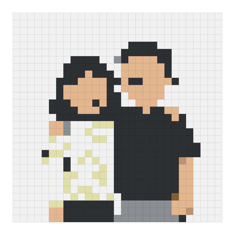The couple portrait bead pattern rendered on the Perler color card at 29 by 29, showing the finished grid