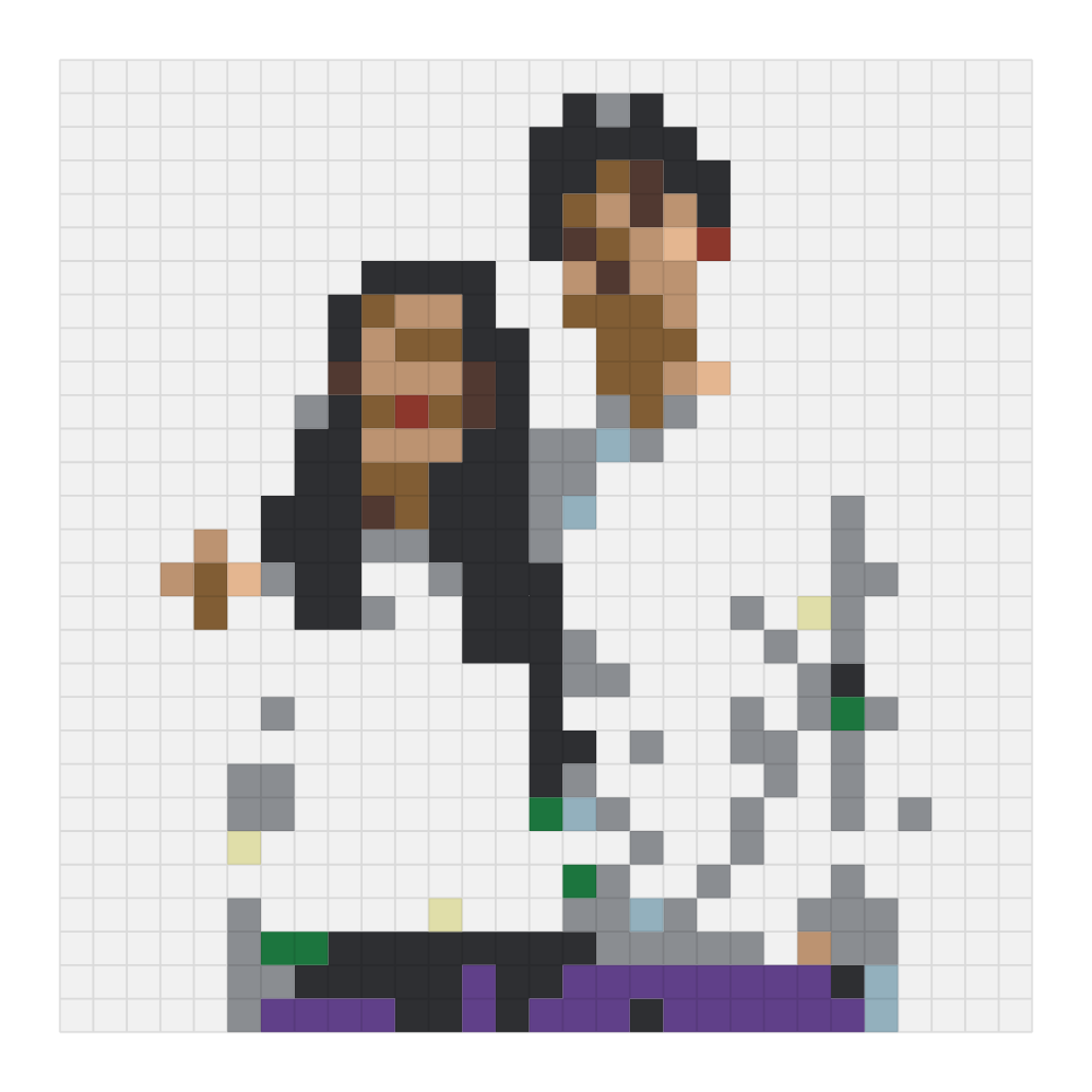 The realistic couple portrait bead pattern rendered on the Perler color card at 29 by 29, showing the finished grid