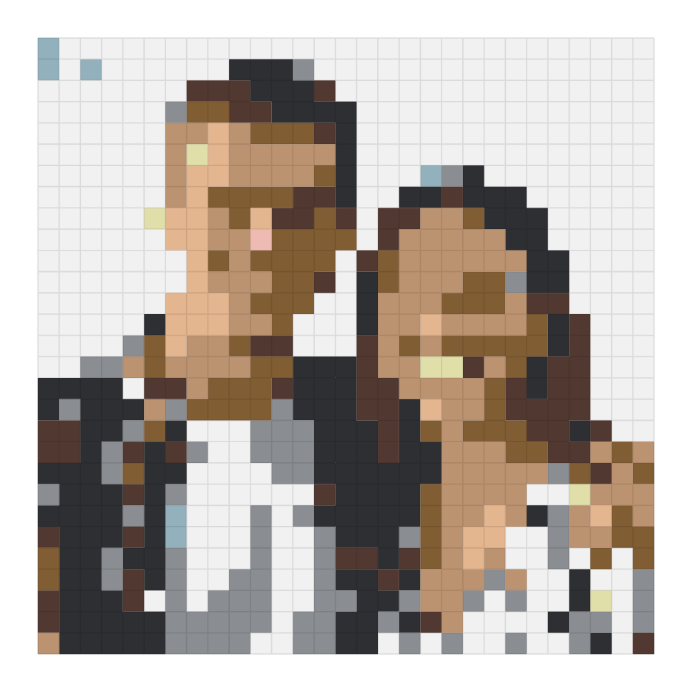 The couple in western style bead pattern rendered on the Perler color card at 29 by 29, showing the finished grid