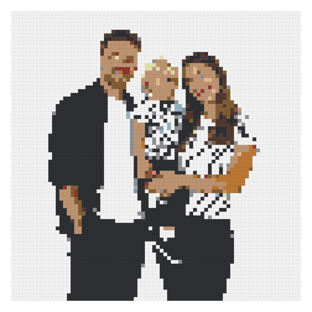 The family of three bead pattern on the Perler card at 78 by 78, the 9-board version