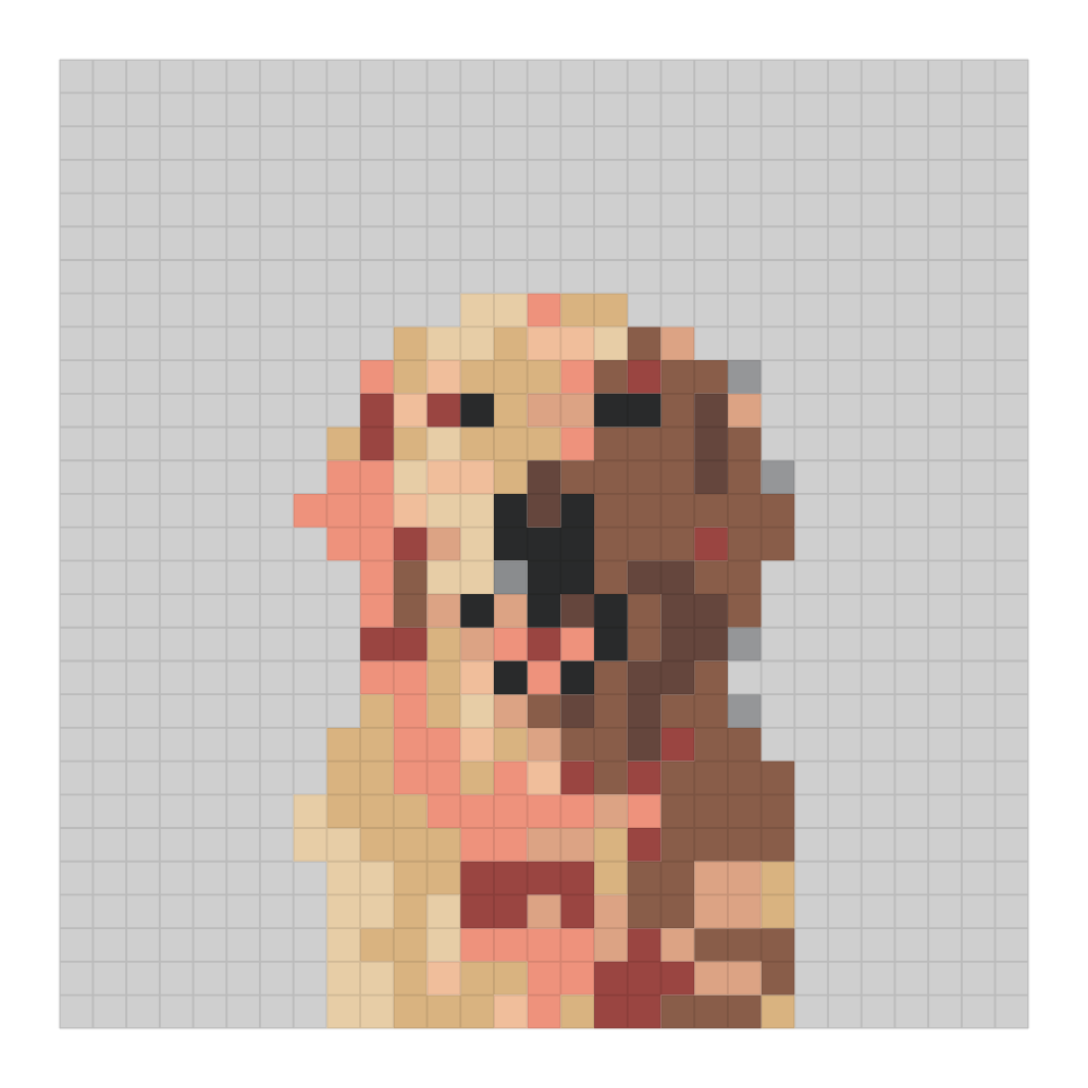The golden retriever in artkal colors bead pattern rendered on the Artkal color card at 29 by 29, showing the finished grid