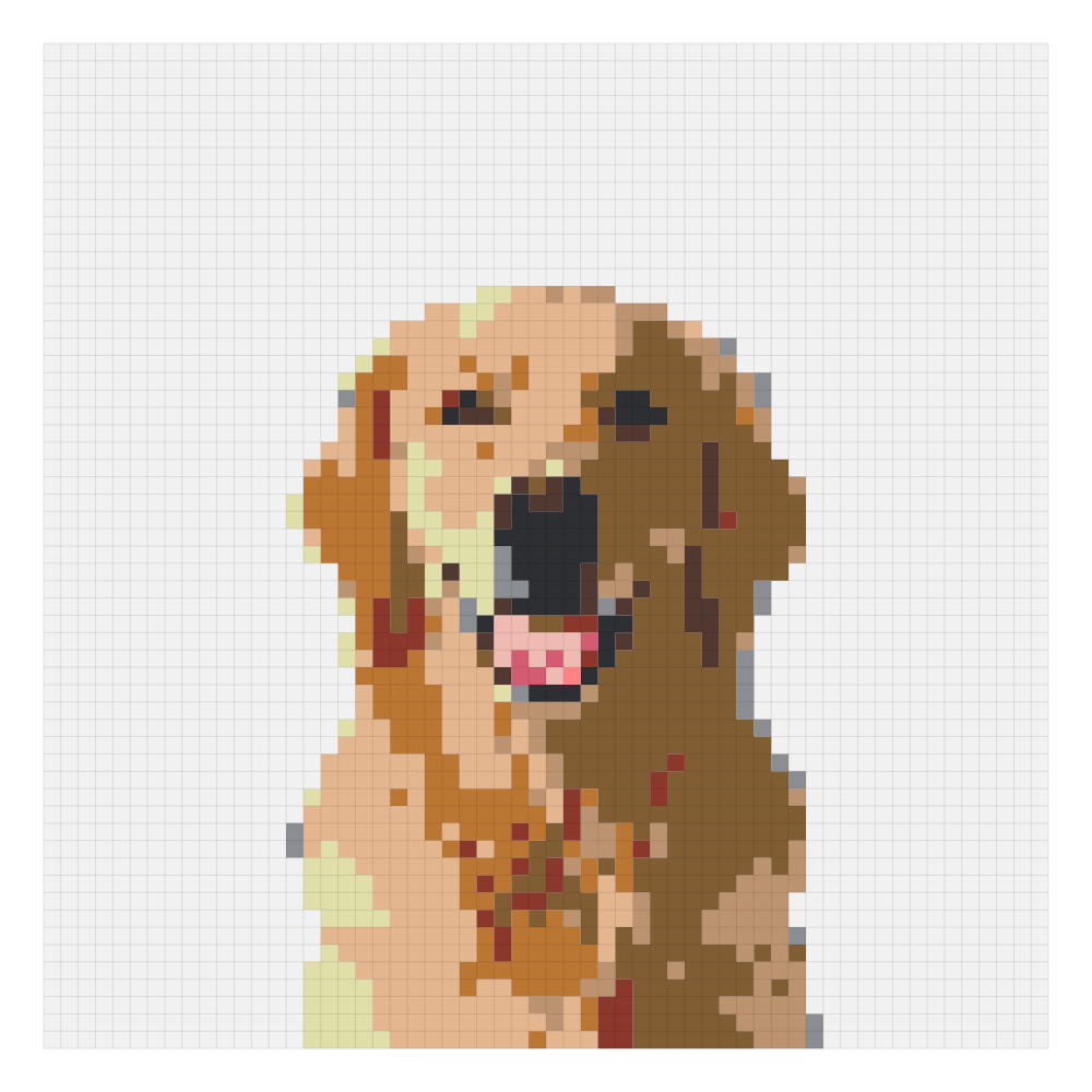 The golden retriever, large grid bead pattern rendered on the Perler color card at 58 by 58, showing the finished grid