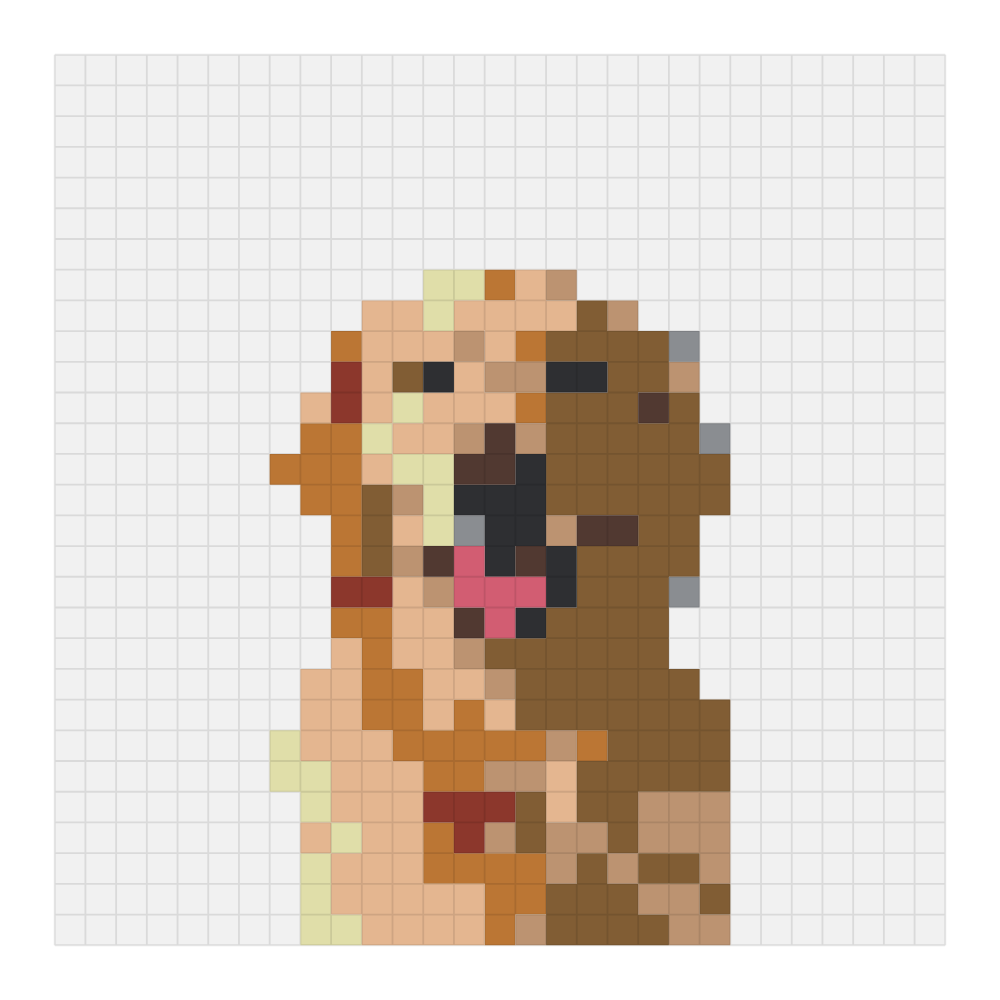 The golden retriever portrait bead pattern rendered on the Perler color card at 29 by 29, showing the finished grid