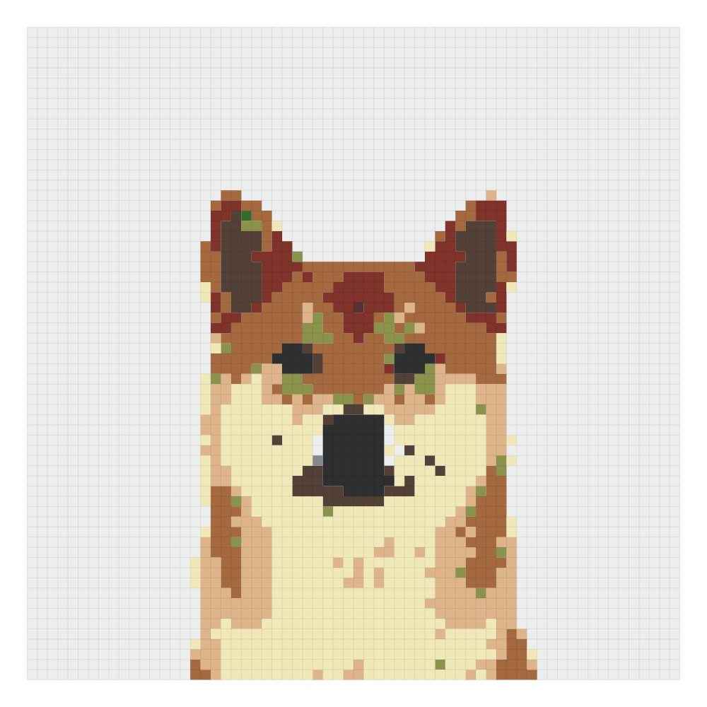 The shiba face bead pattern on the Hama card at 64 by 64, the 9-board version