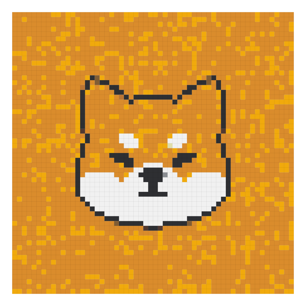 The shiba portrait, large grid bead pattern rendered on the Perler color card at 58 by 58, showing the finished grid